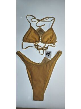 SAME Los Angeles Faux Suede Bikini Set Triangle Top Thong Bottom Beige M NWT